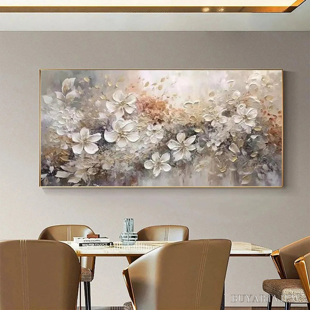 ARTOVITAS Whispering Blossoms – Textured Beige and White Floral Impasto Painting - image 4