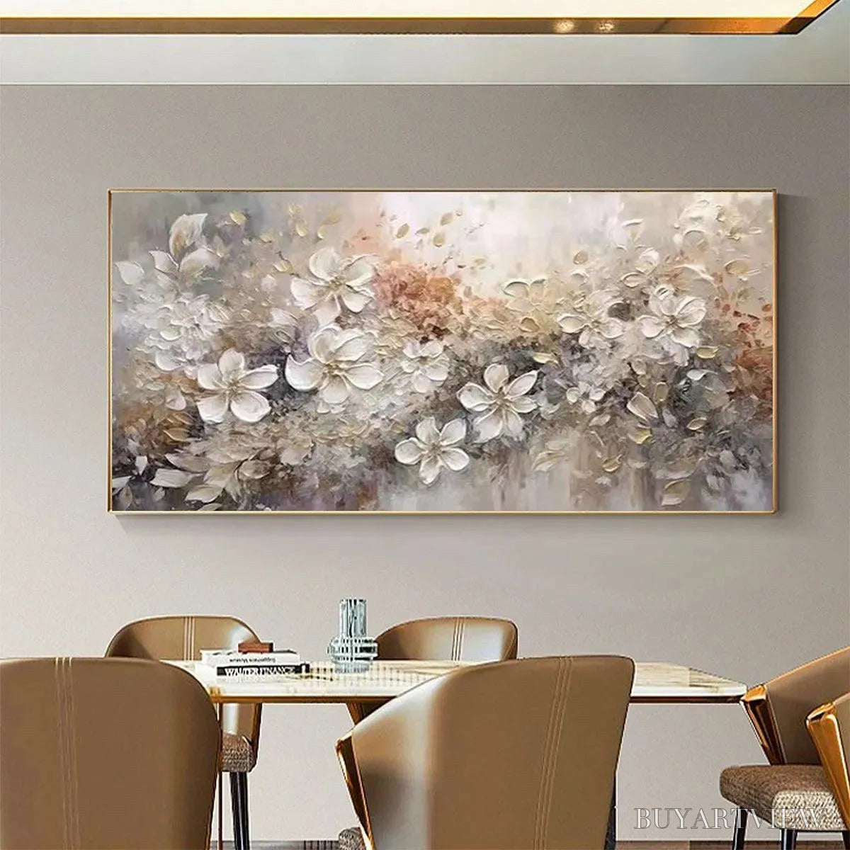 ARTOVITAS Whispering Blossoms – Textured Beige and White Floral Impasto Painting - image 4