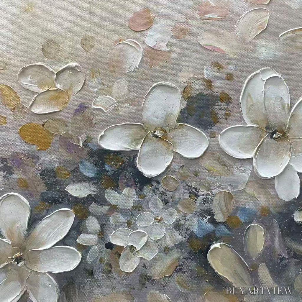 ARTOVITAS Whispering Blossoms – Textured Beige and White Floral Impasto Painting - image 5