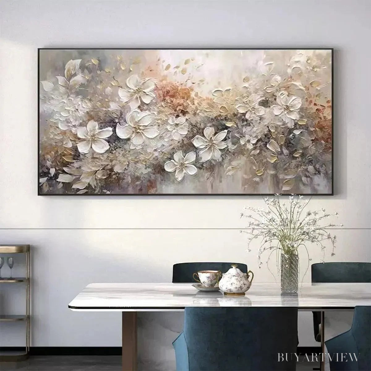 ARTOVITAS Whispering Blossoms – Textured Beige and White Floral Impasto Painting - image 6
