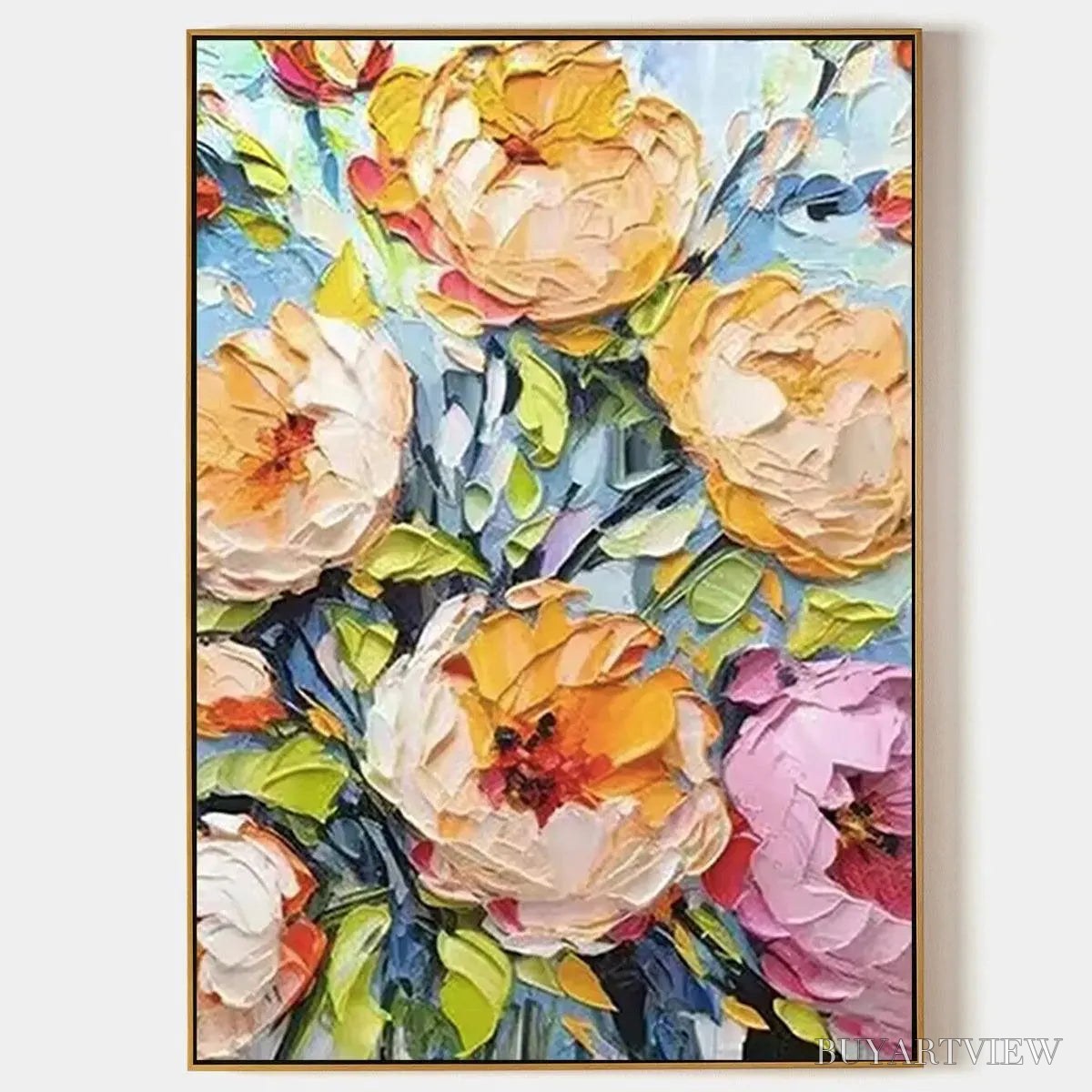 ARTOVITAS Summer Bloom – Textured Impasto Floral Painting in Yellow and Pink - image 1