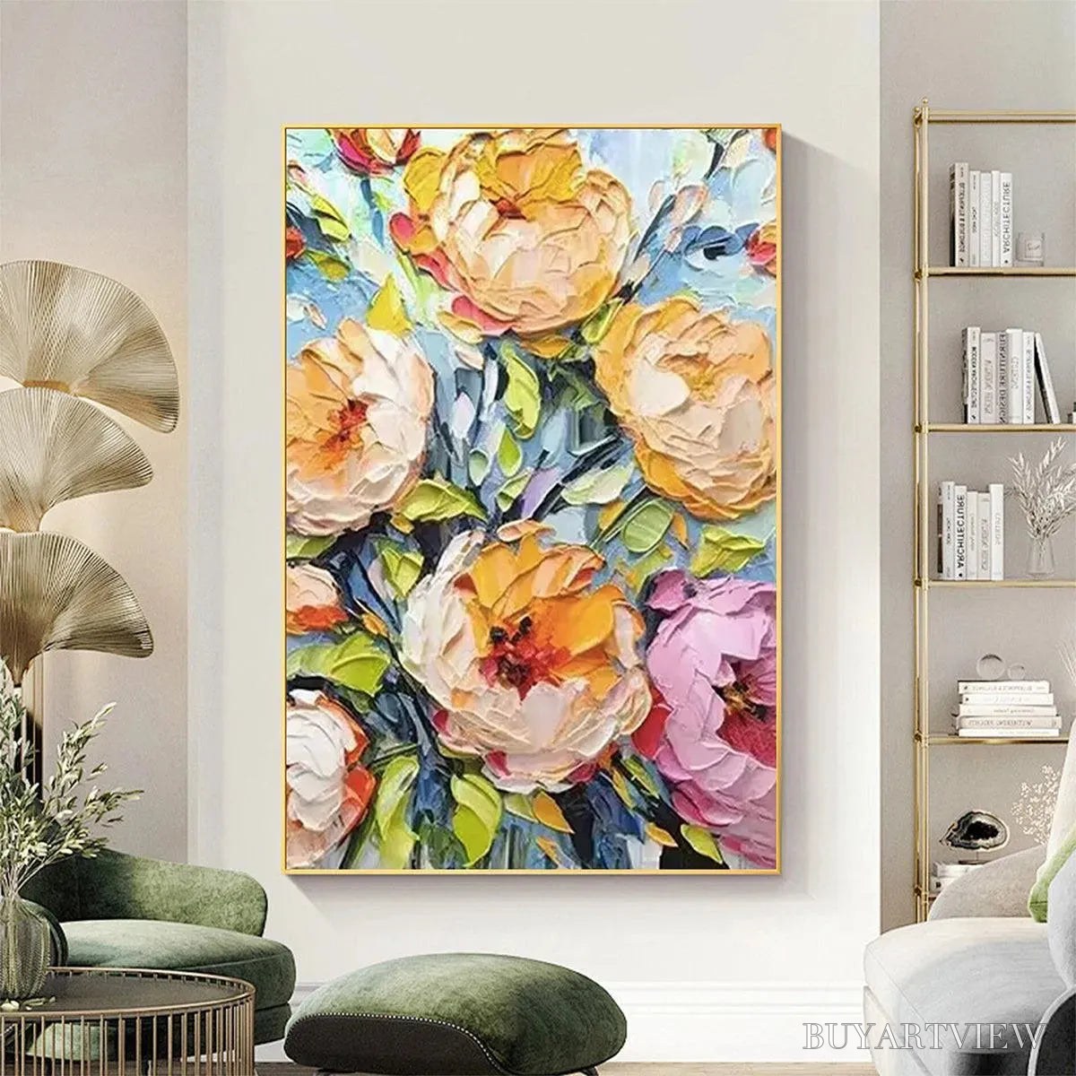 ARTOVITAS Summer Bloom – Textured Impasto Floral Painting in Yellow and Pink - image 2