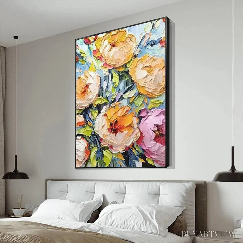 ARTOVITAS Summer Bloom – Textured Impasto Floral Painting in Yellow and Pink - image 5