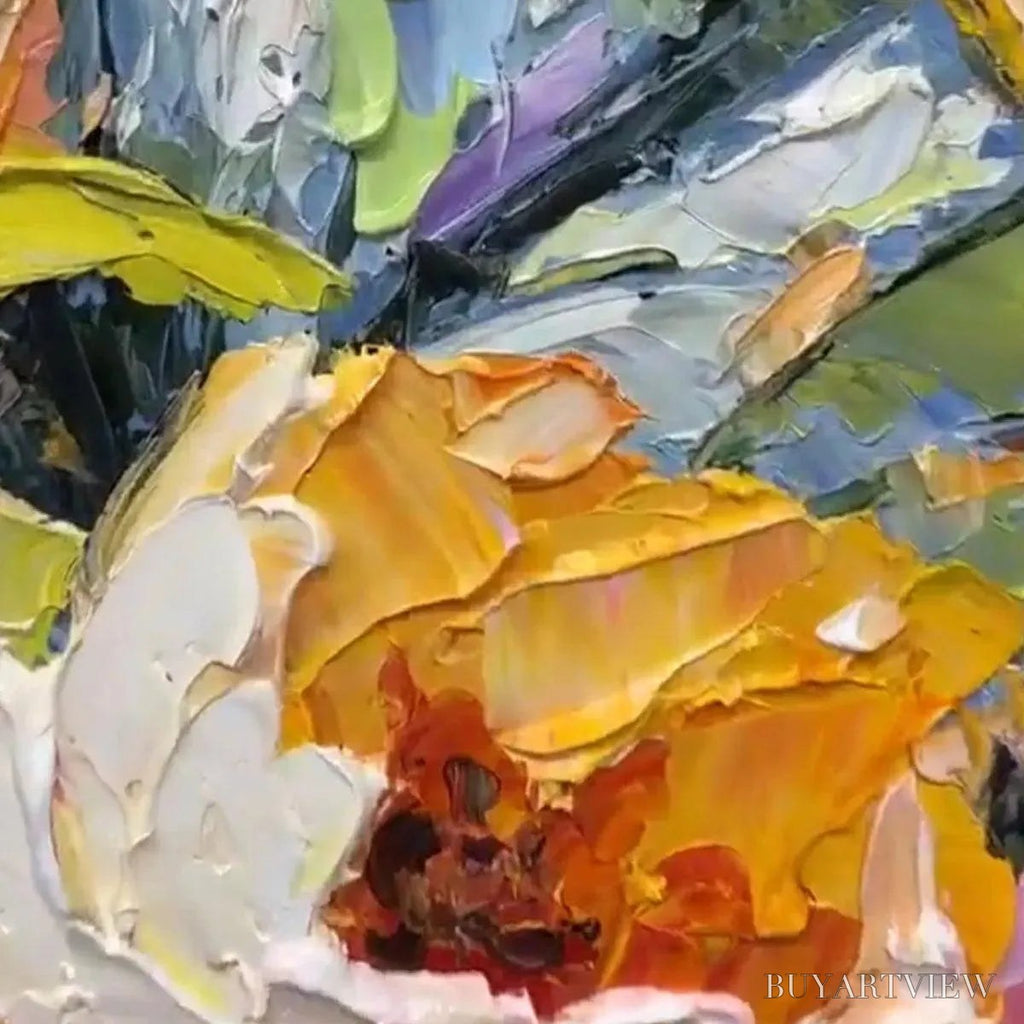 ARTOVITAS Summer Bloom – Textured Impasto Floral Painting in Yellow and Pink - image 6