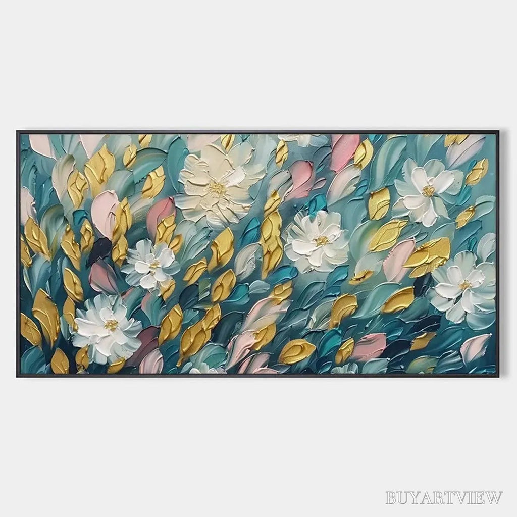 ARTOVITAS Golden Garden – Textured Floral Painting in Teal and Gold - image 1