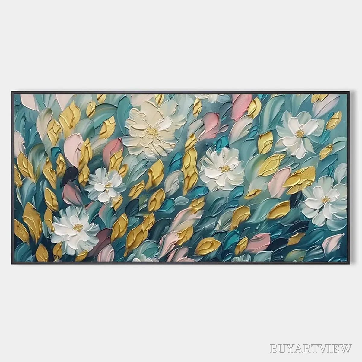 ARTOVITAS Golden Garden – Textured Floral Painting in Teal and Gold - image 1