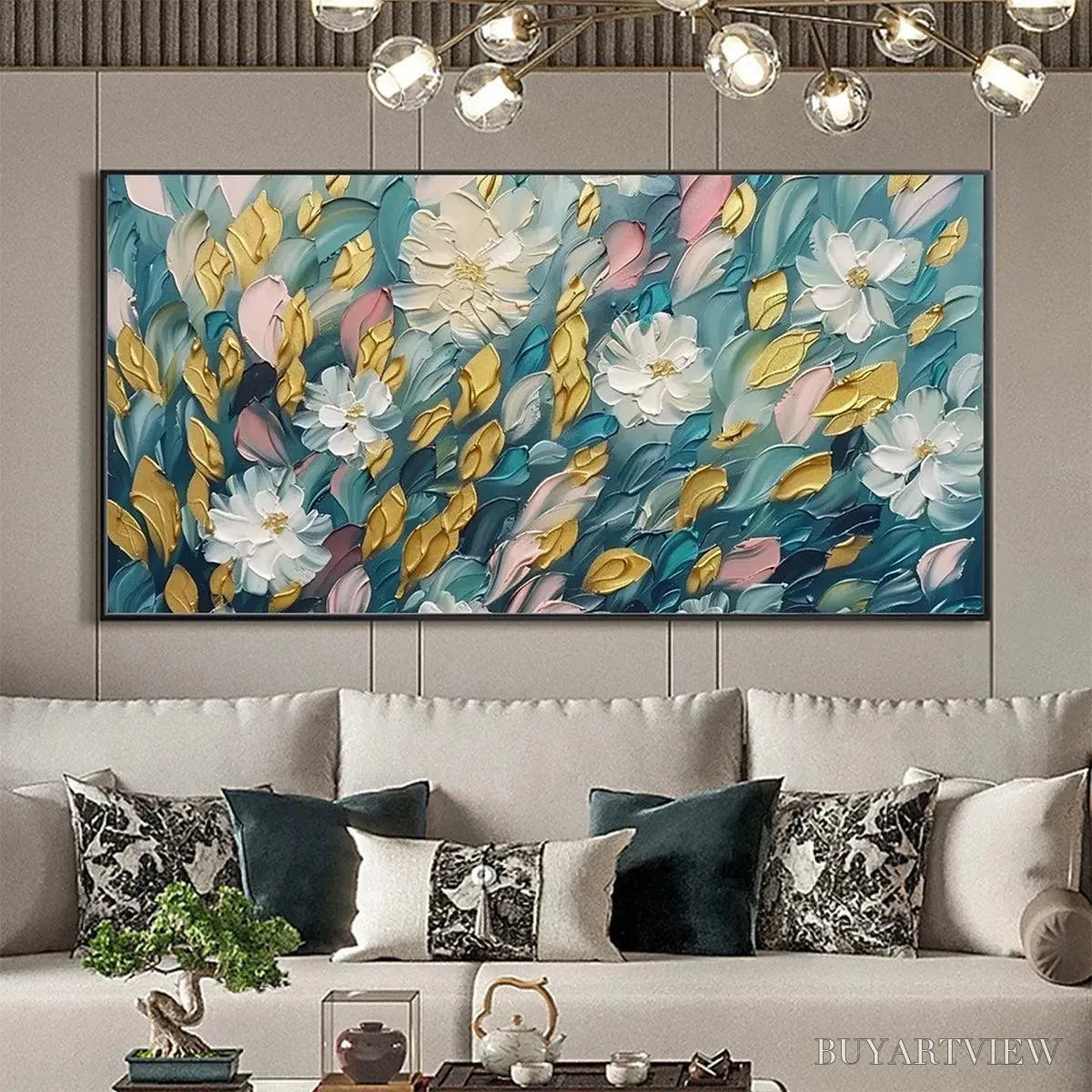 ARTOVITAS Golden Garden – Textured Floral Painting in Teal and Gold - image 2