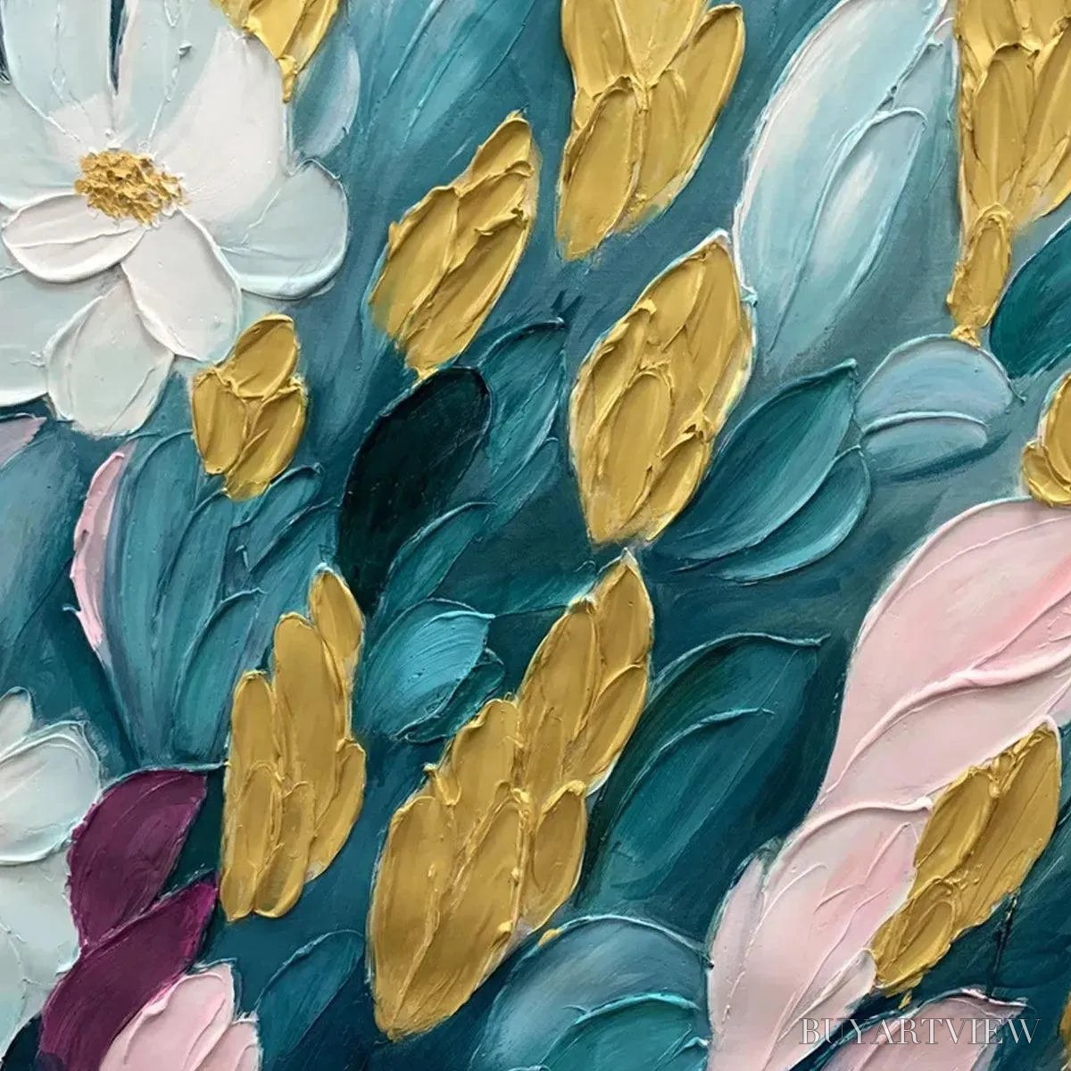 ARTOVITAS Golden Garden – Textured Floral Painting in Teal and Gold - image 3