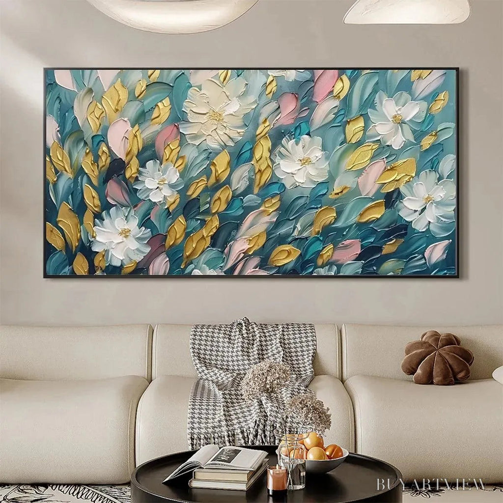 ARTOVITAS Golden Garden – Textured Floral Painting in Teal and Gold - image 4