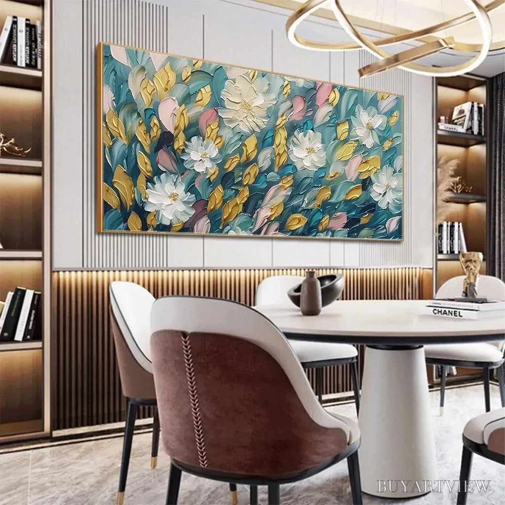 ARTOVITAS Golden Garden – Textured Floral Painting in Teal and Gold - image 6