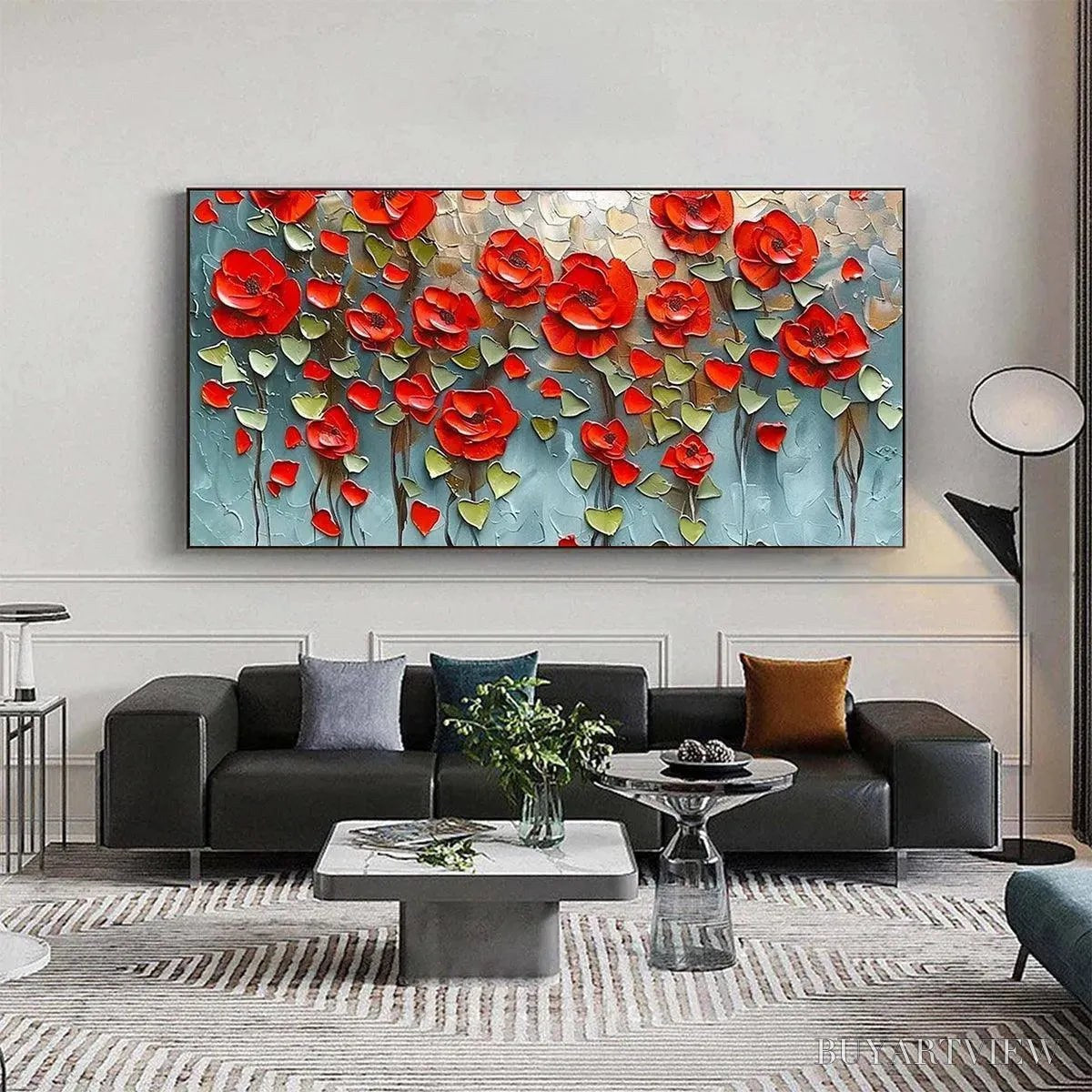 ARTOVITAS Crimson Field – Textured Impasto Red Poppy Field Painting - image 2