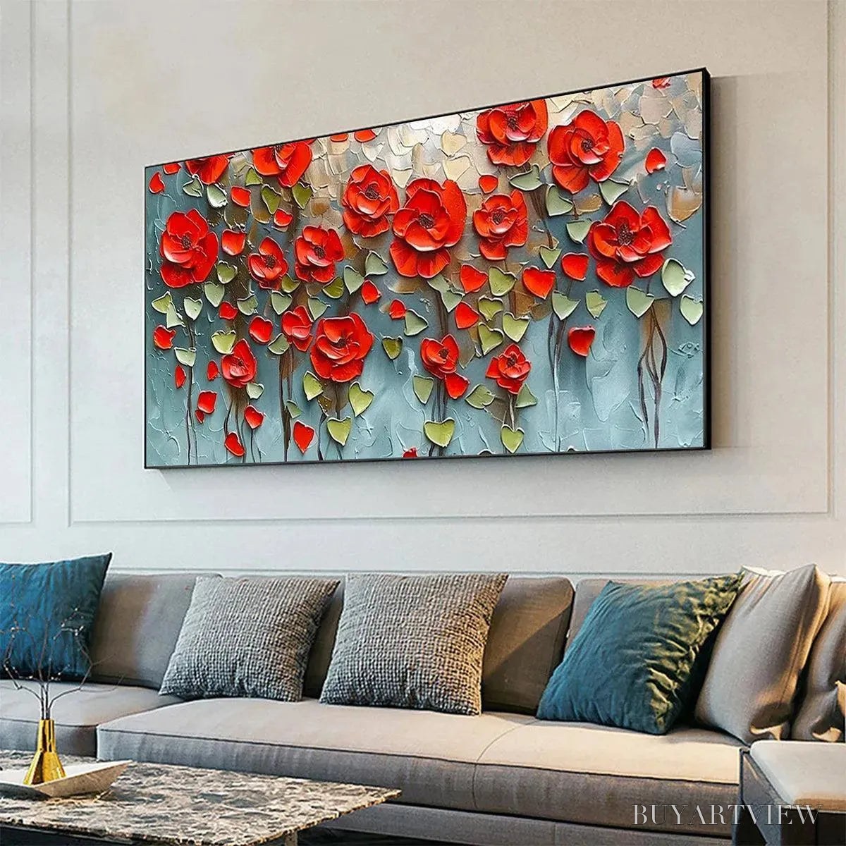 ARTOVITAS Crimson Field – Textured Impasto Red Poppy Field Painting - image 4