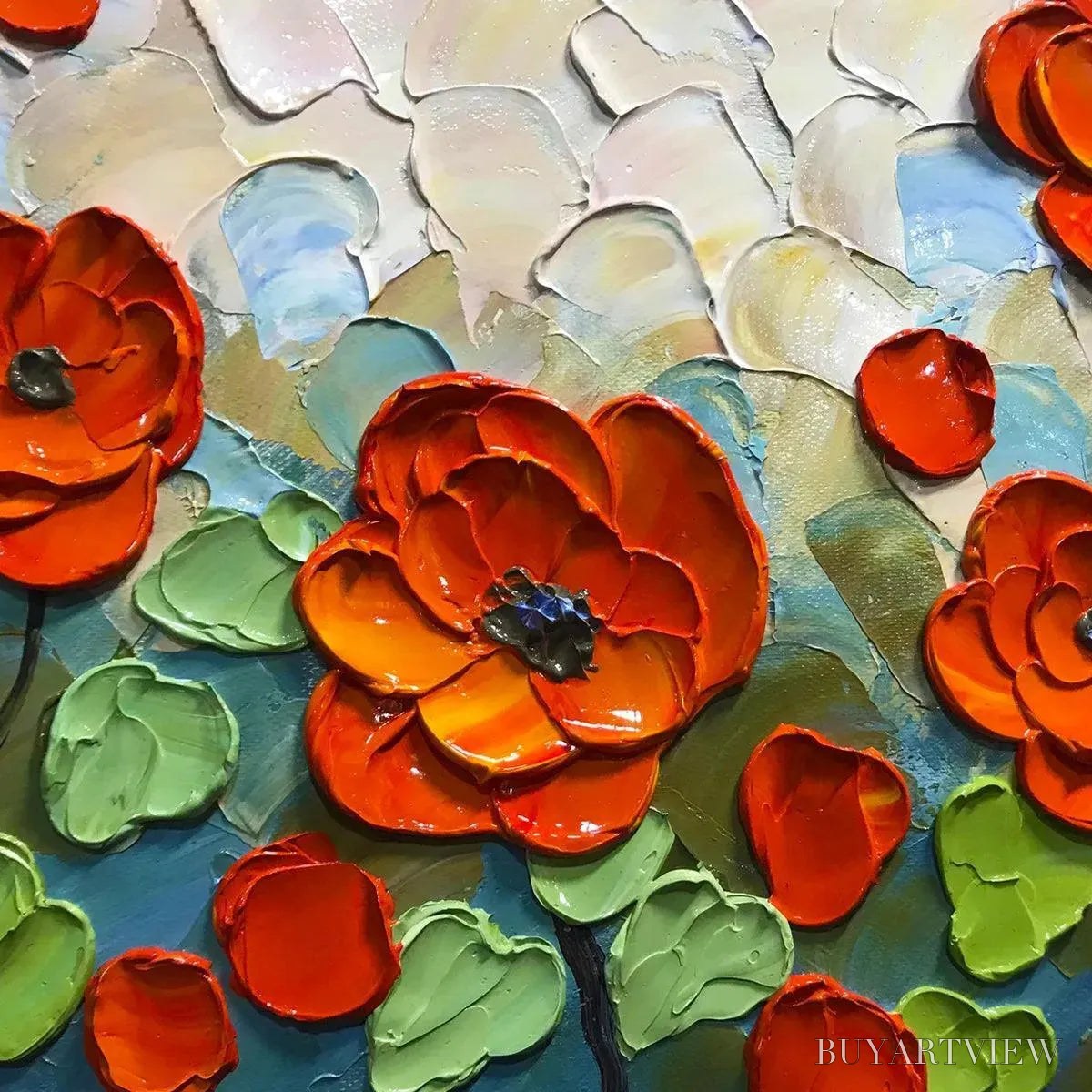 ARTOVITAS Crimson Field – Textured Impasto Red Poppy Field Painting - image 6
