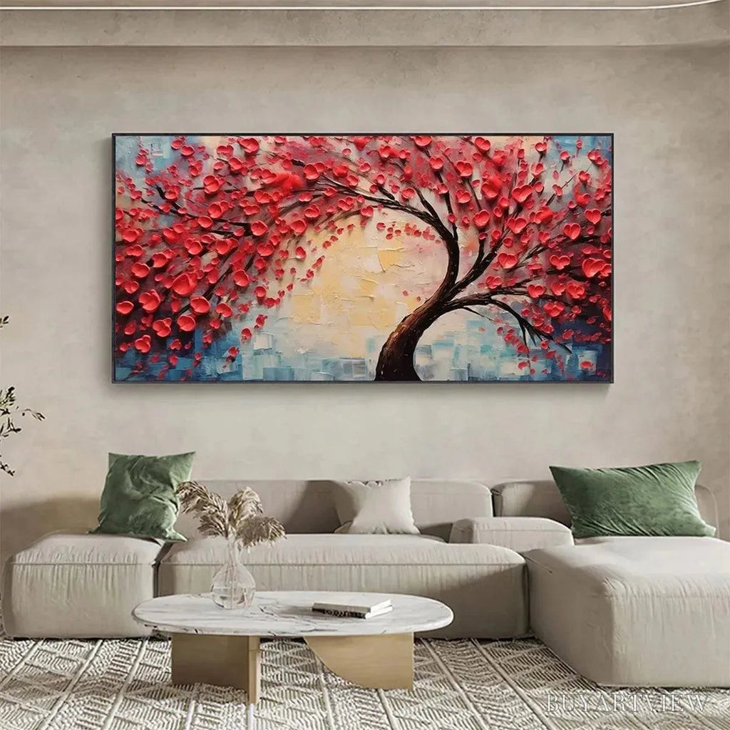 ARTOVITAS Heart Tree – Textured Impasto Red Tree Painting with Heart-Shaped Leaves - image 2