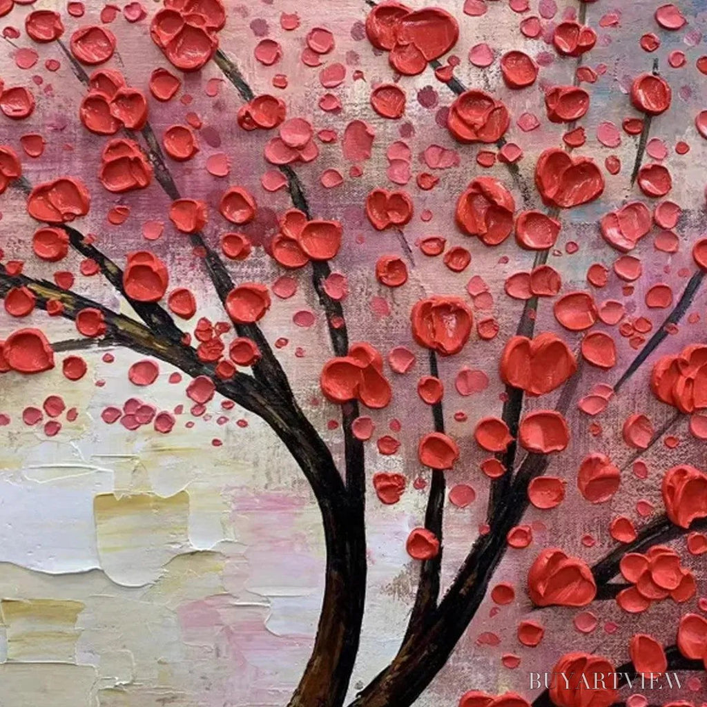 ARTOVITAS Heart Tree – Textured Impasto Red Tree Painting with Heart-Shaped Leaves - image 3