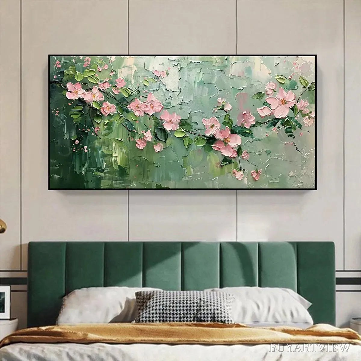 ARTOVITAS Spring Blossom – Textured Pink Floral Painting on Green Background - image 2