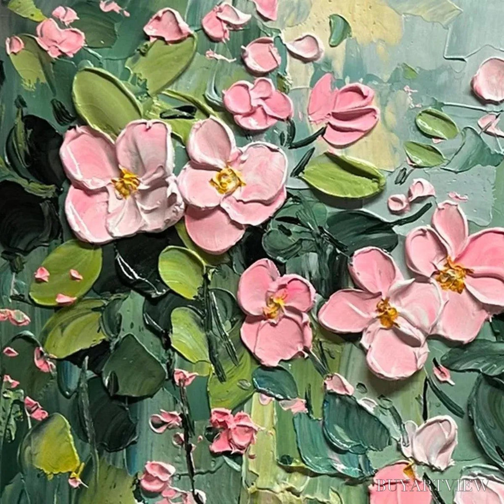ARTOVITAS Spring Blossom – Textured Pink Floral Painting on Green Background - image 3