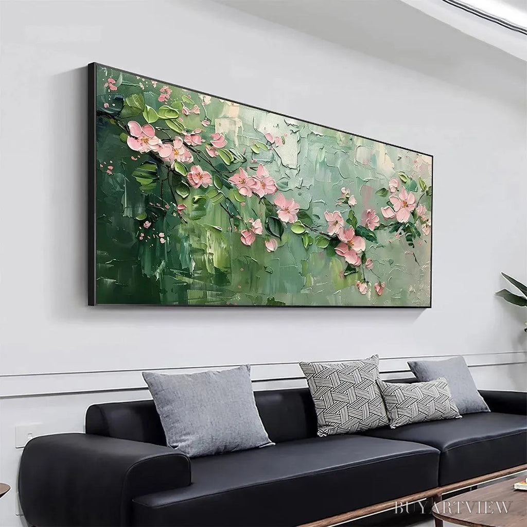 ARTOVITAS Spring Blossom – Textured Pink Floral Painting on Green Background - image 4