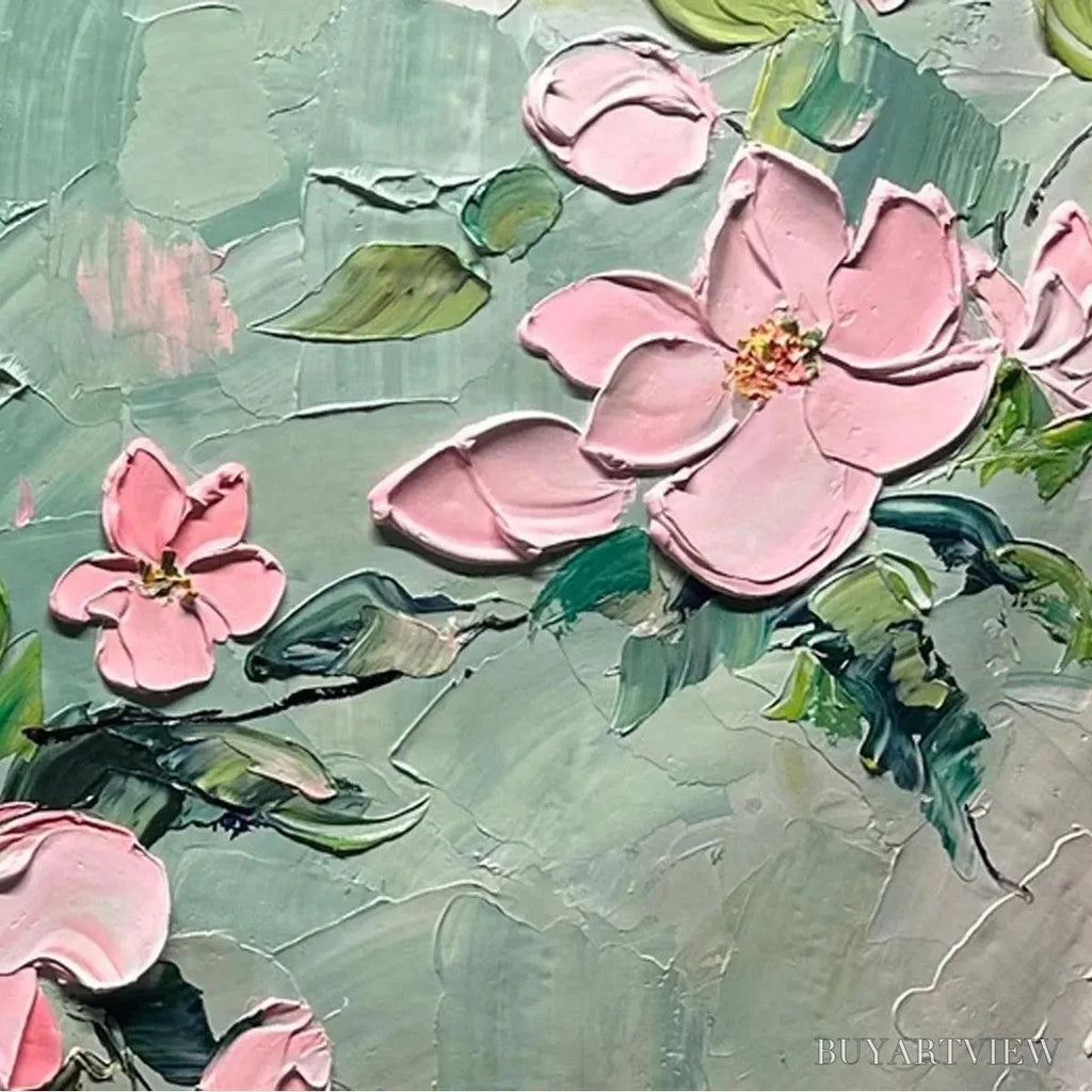 ARTOVITAS Spring Blossom – Textured Pink Floral Painting on Green Background - image 5