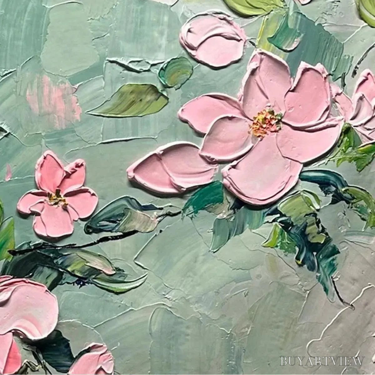 ARTOVITAS Spring Blossom – Textured Pink Floral Painting on Green Background - image 5