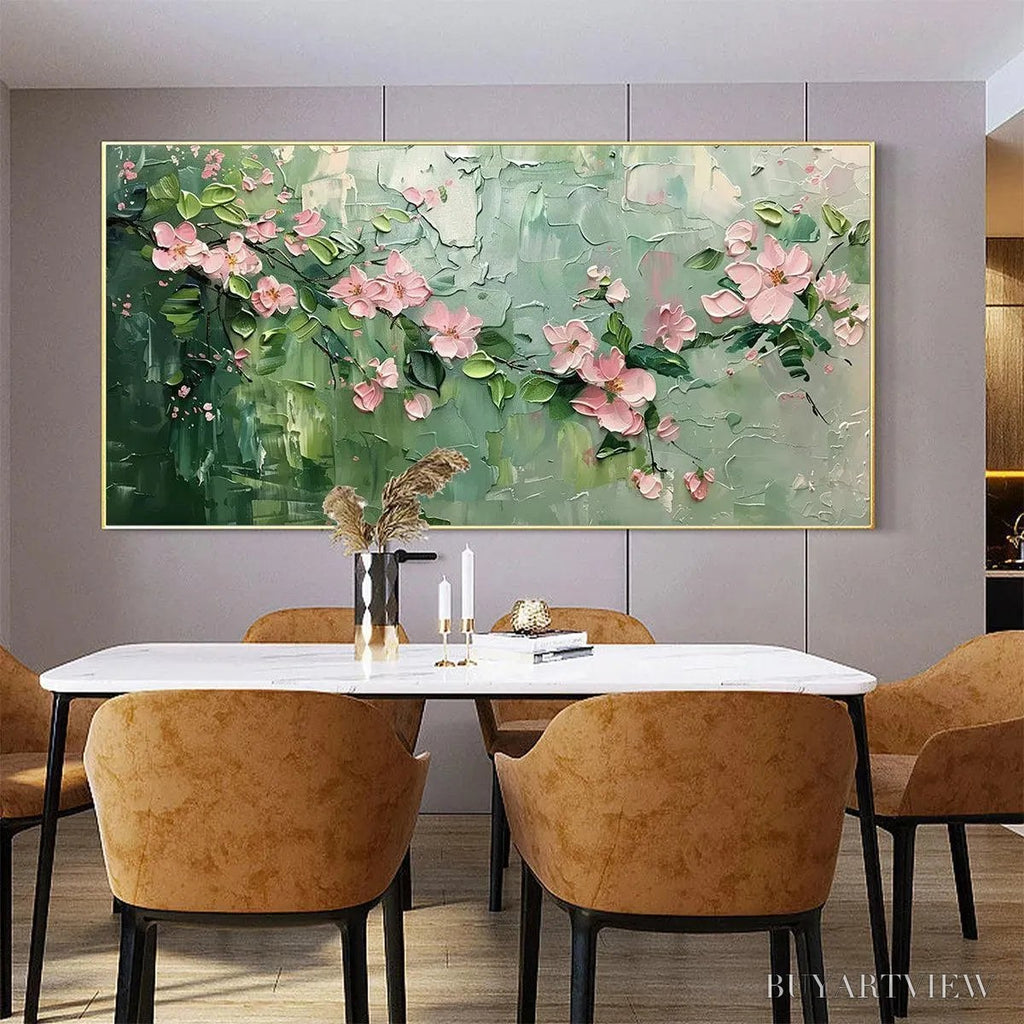 ARTOVITAS Spring Blossom – Textured Pink Floral Painting on Green Background - image 6