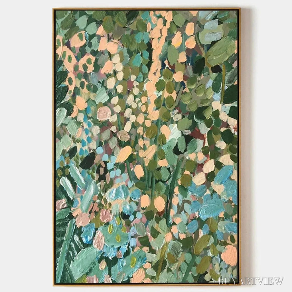 ARTOVITAS Enchanted Garden – Vertical Abstract Floral Painting in Green, Blue, and Peach - image 1