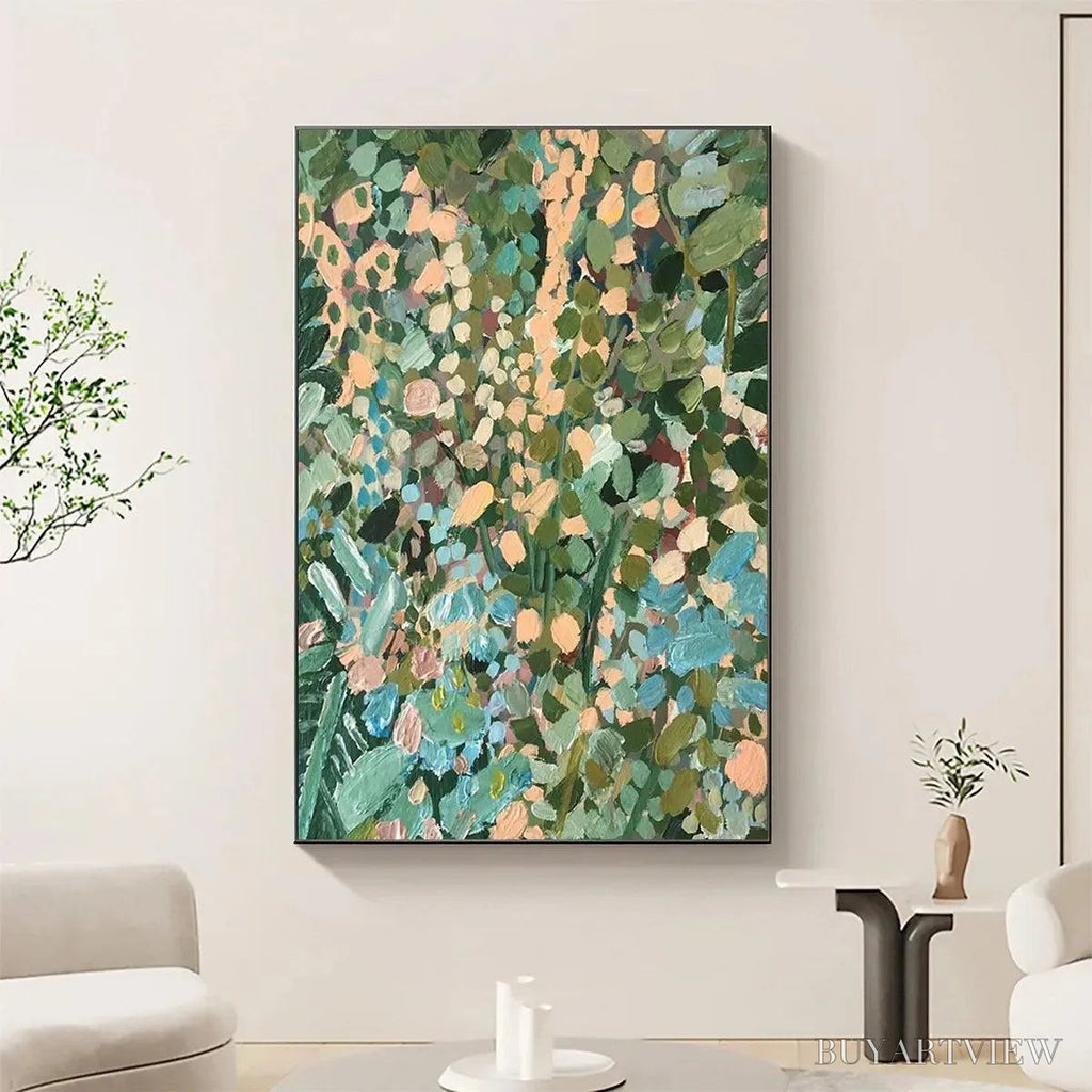 ARTOVITAS Enchanted Garden – Vertical Abstract Floral Painting in Green, Blue, and Peach - image 2