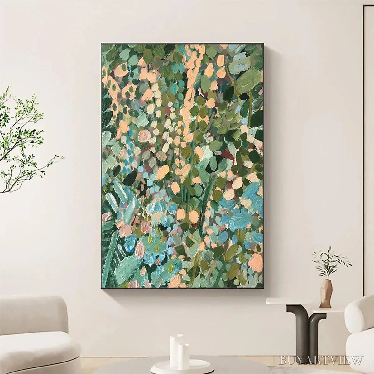 ARTOVITAS Enchanted Garden – Vertical Abstract Floral Painting in Green, Blue, and Peach - image 2
