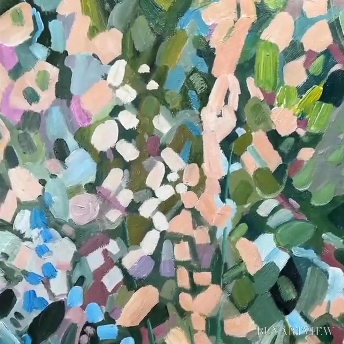 ARTOVITAS Enchanted Garden – Vertical Abstract Floral Painting in Green, Blue, and Peach - image 3