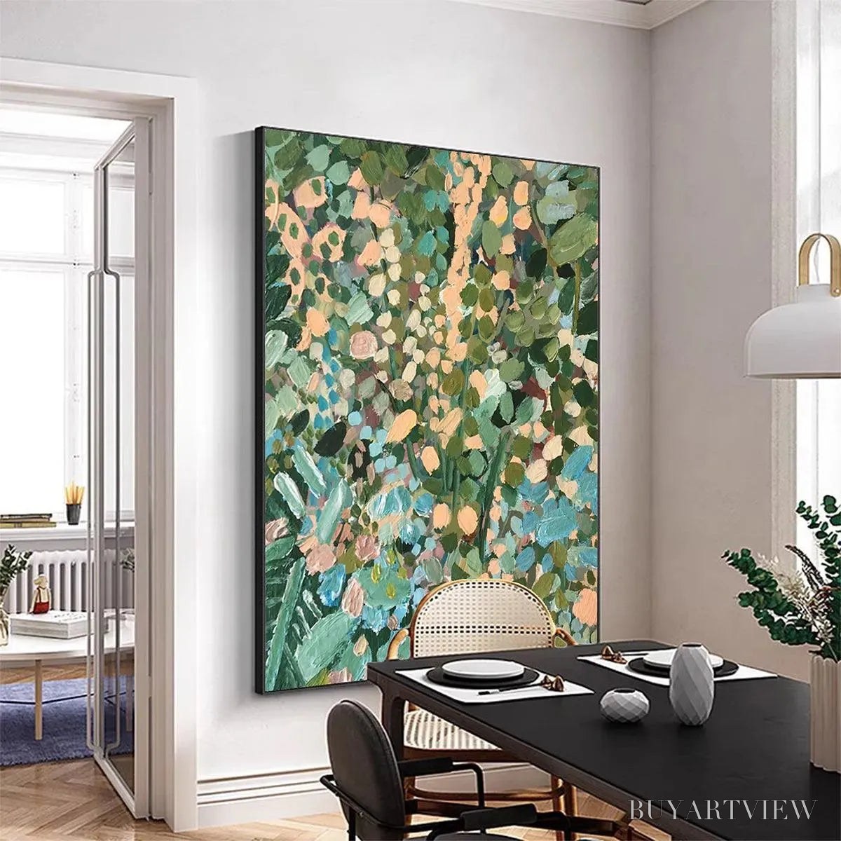 ARTOVITAS Enchanted Garden – Vertical Abstract Floral Painting in Green, Blue, and Peach - image 4