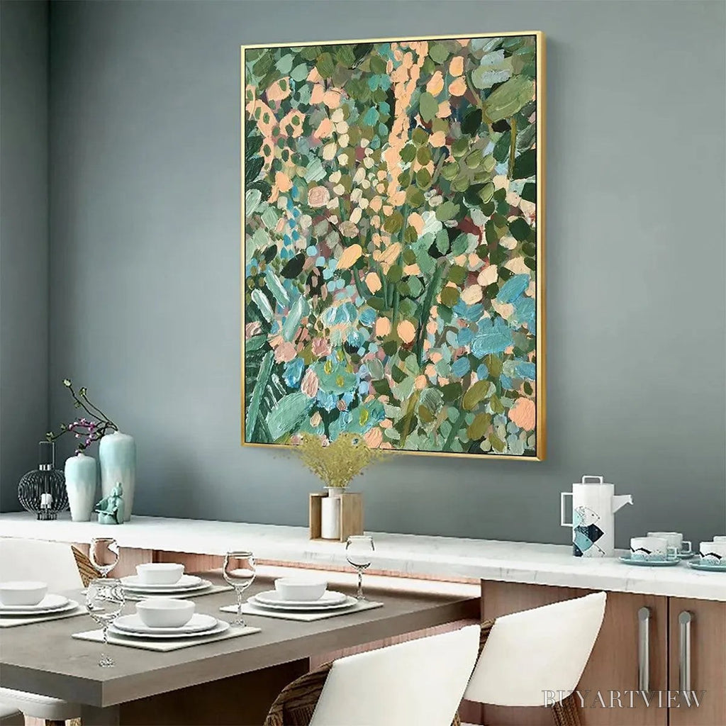 ARTOVITAS Enchanted Garden – Vertical Abstract Floral Painting in Green, Blue, and Peach - image 6