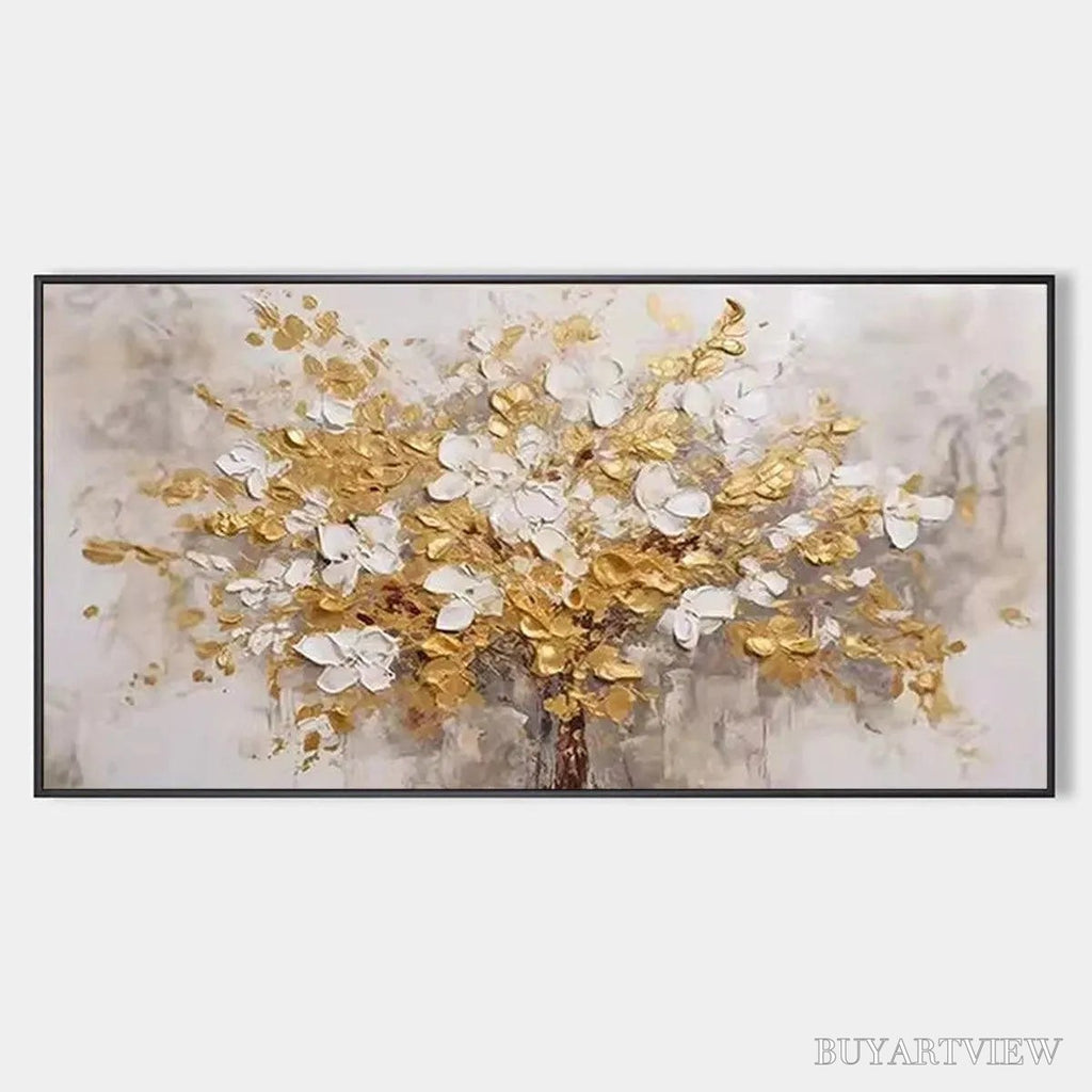 ARTOVITAS Golden Garden – Textured White and Gold Floral Impasto Painting - image 1