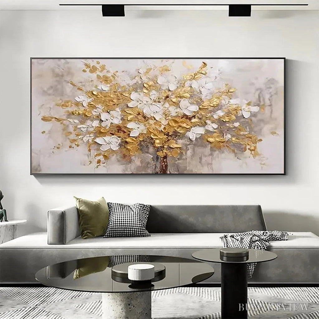 ARTOVITAS Golden Garden – Textured White and Gold Floral Impasto Painting - image 2
