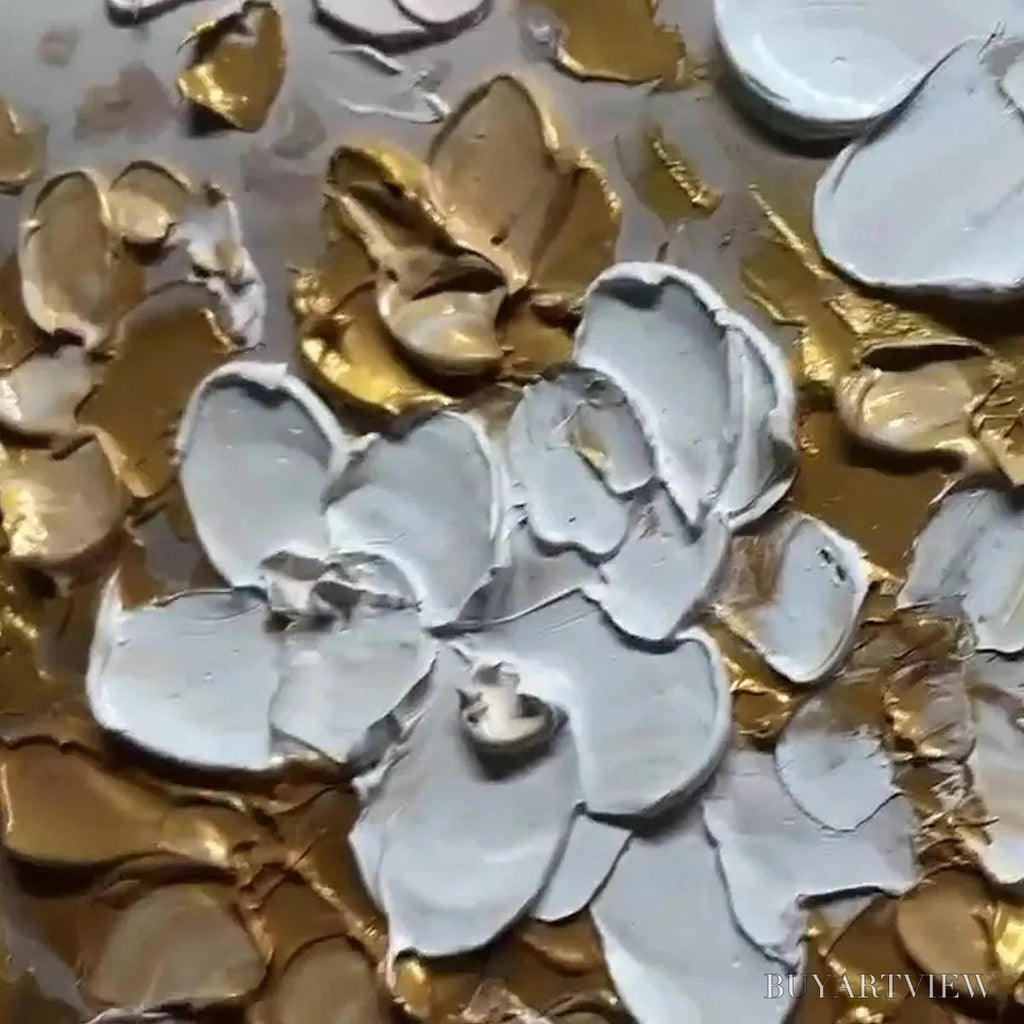 ARTOVITAS Golden Garden – Textured White and Gold Floral Impasto Painting - image 3