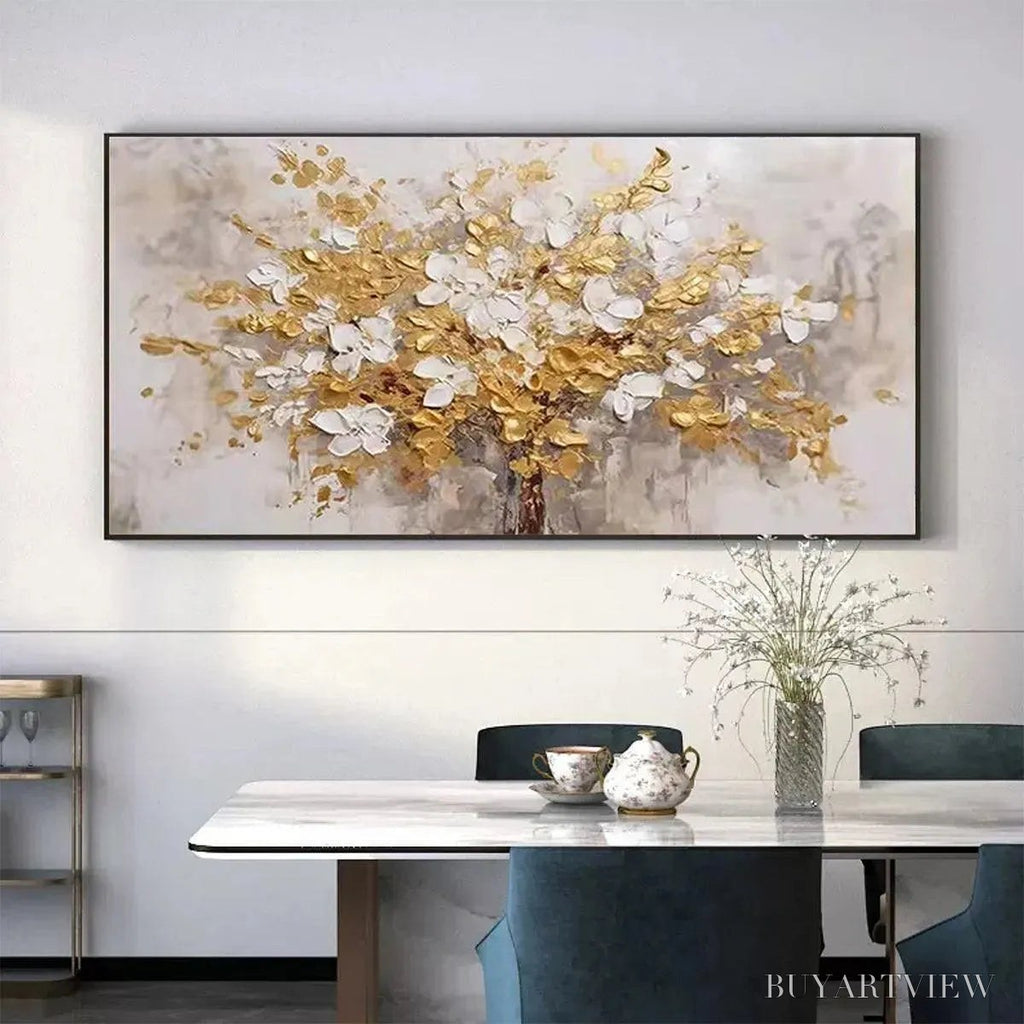 ARTOVITAS Golden Garden – Textured White and Gold Floral Impasto Painting - image 4
