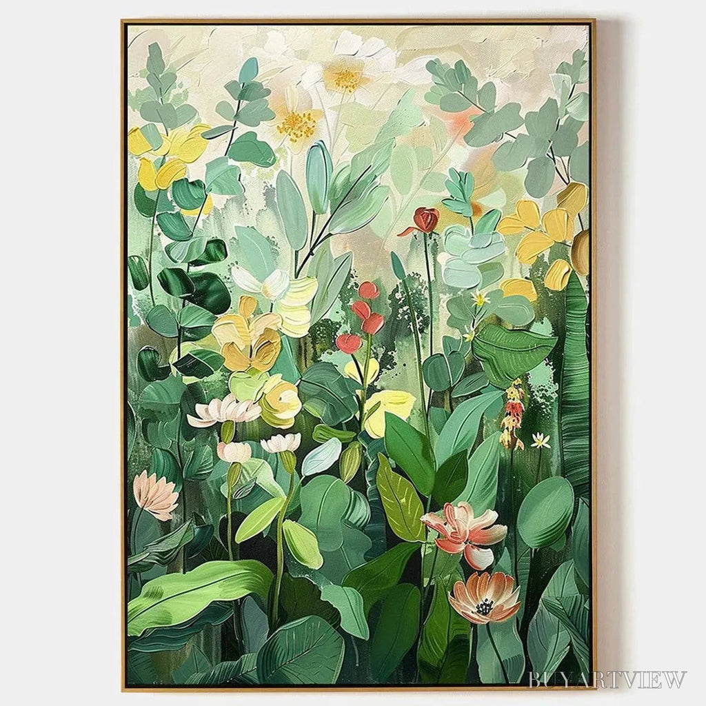 ARTOVITAS Botanical Garden – Vertical Green and Yellow Floral Painting - image 1