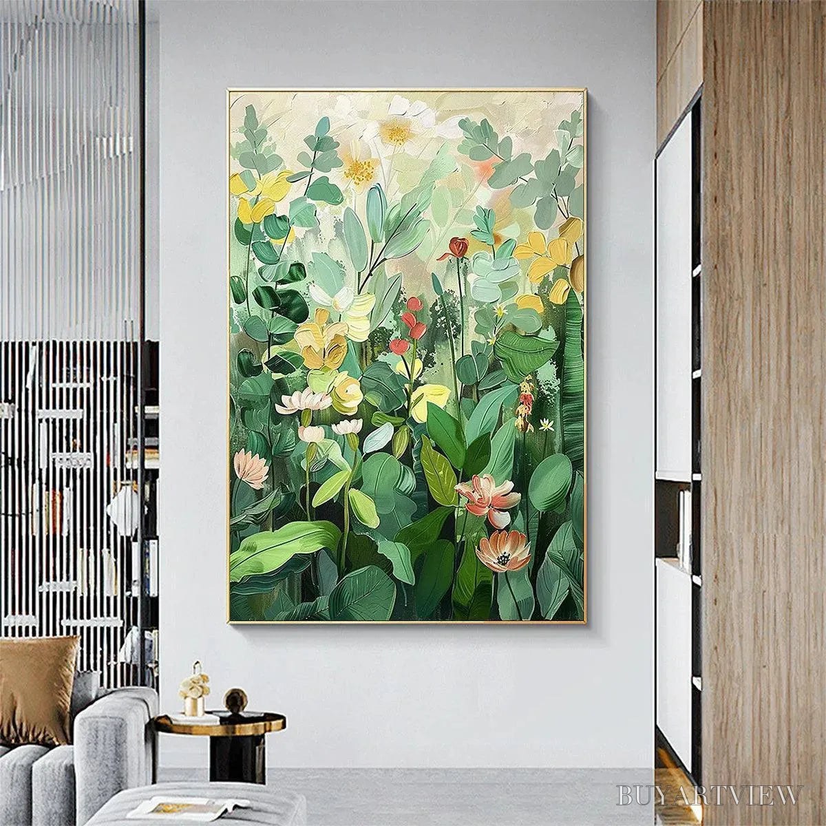 ARTOVITAS Botanical Garden – Vertical Green and Yellow Floral Painting - image 2