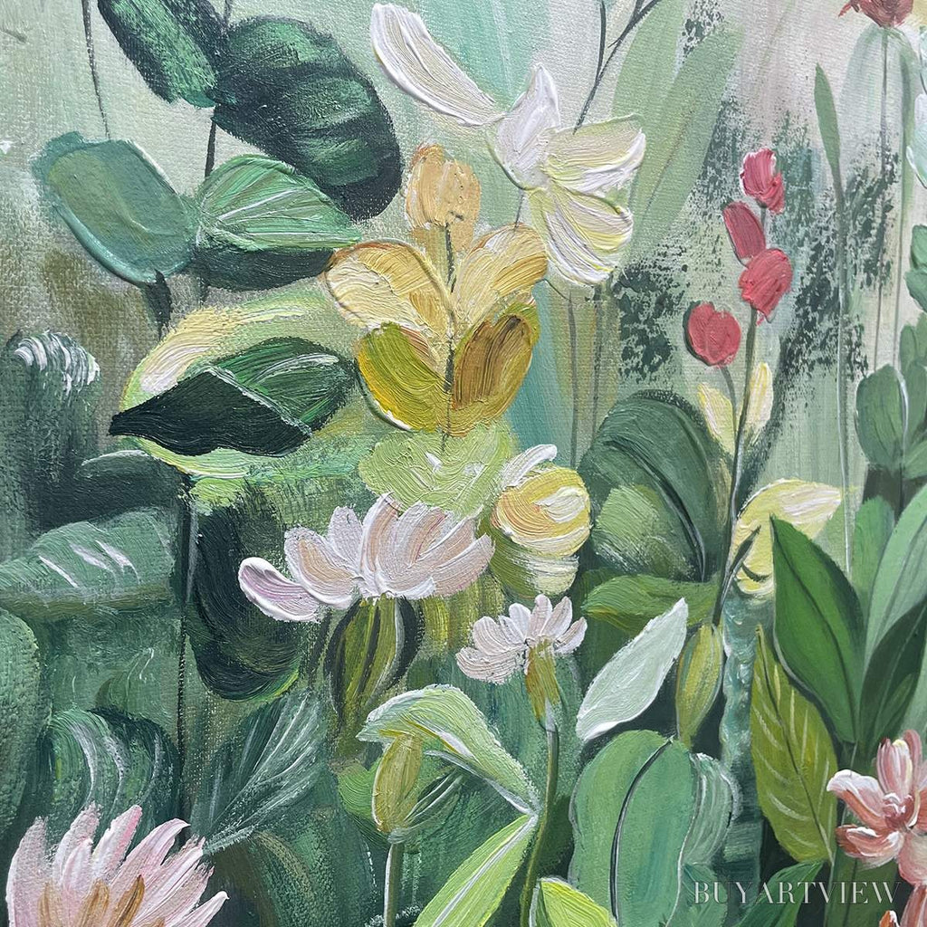 ARTOVITAS Botanical Garden – Vertical Green and Yellow Floral Painting - image 3