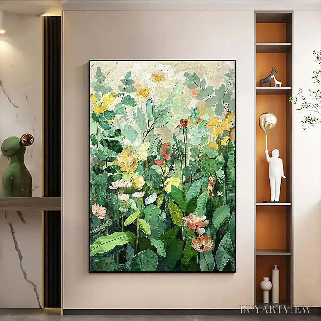 ARTOVITAS Botanical Garden – Vertical Green and Yellow Floral Painting - image 4