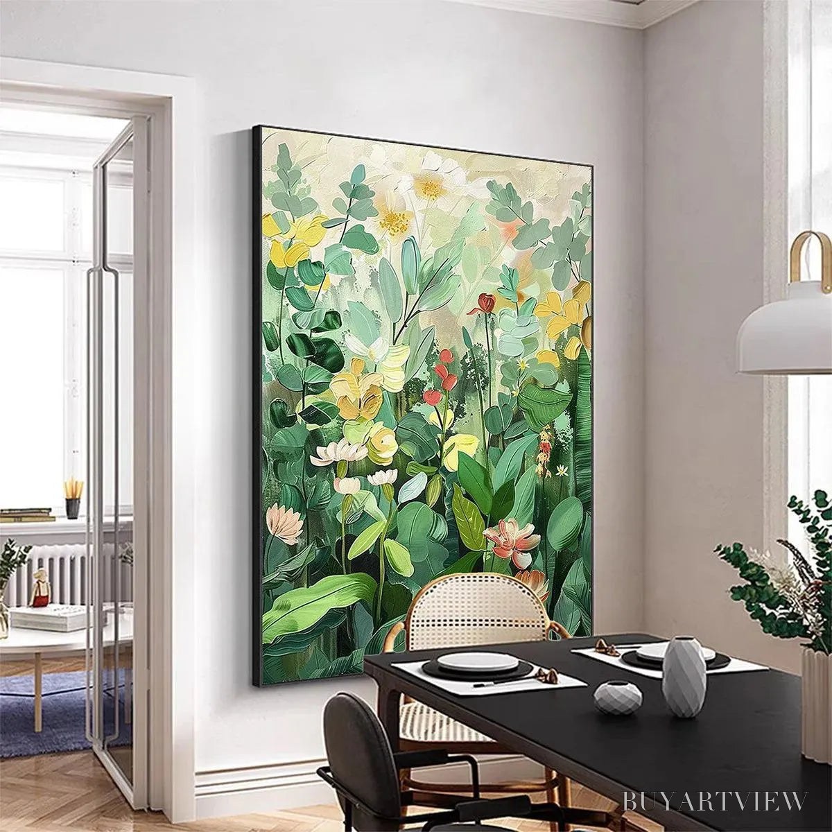 ARTOVITAS Botanical Garden – Vertical Green and Yellow Floral Painting - image 5