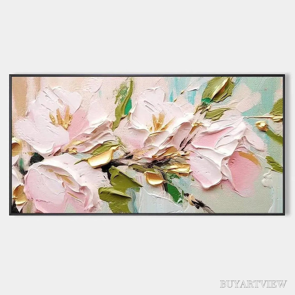 ARTOVITAS Golden Blush – Textured Pink and Gold Floral Impasto Painting - image 1