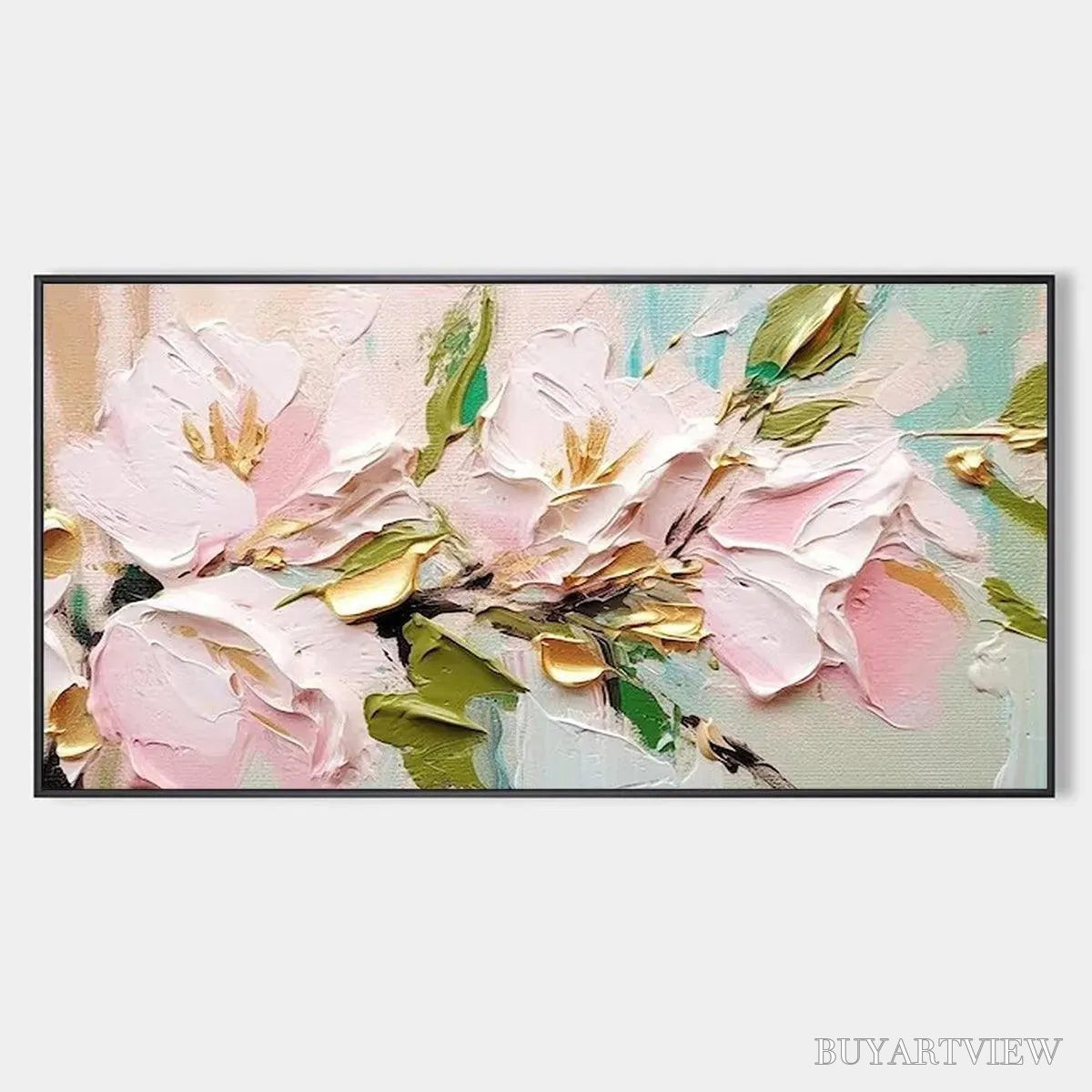 ARTOVITAS Golden Blush – Textured Pink and Gold Floral Impasto Painting - image 1