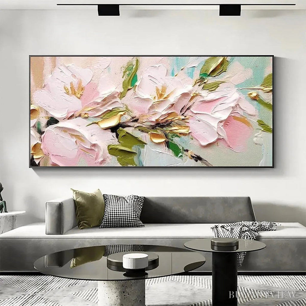 ARTOVITAS Golden Blush – Textured Pink and Gold Floral Impasto Painting - image 2