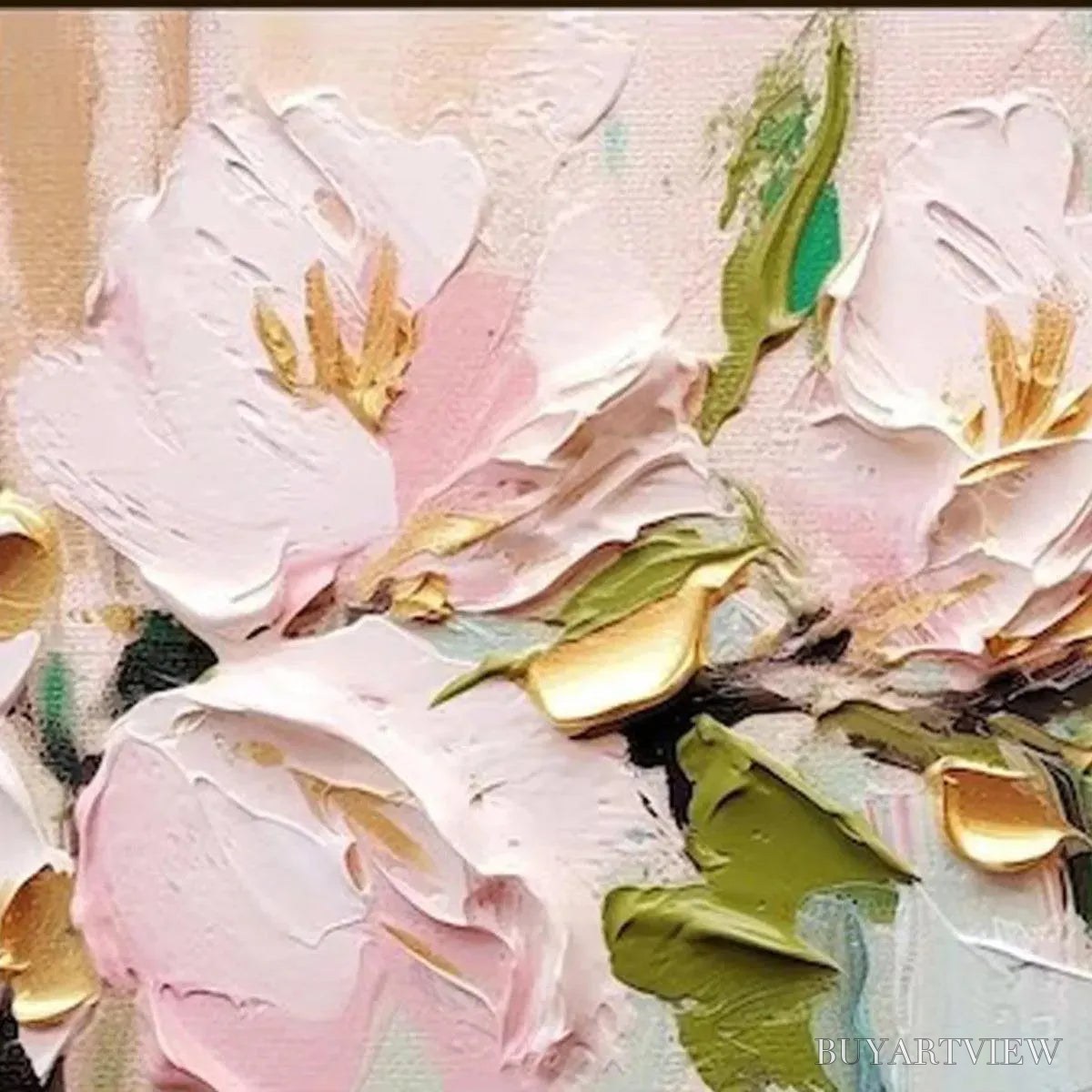 ARTOVITAS Golden Blush – Textured Pink and Gold Floral Impasto Painting - image 3