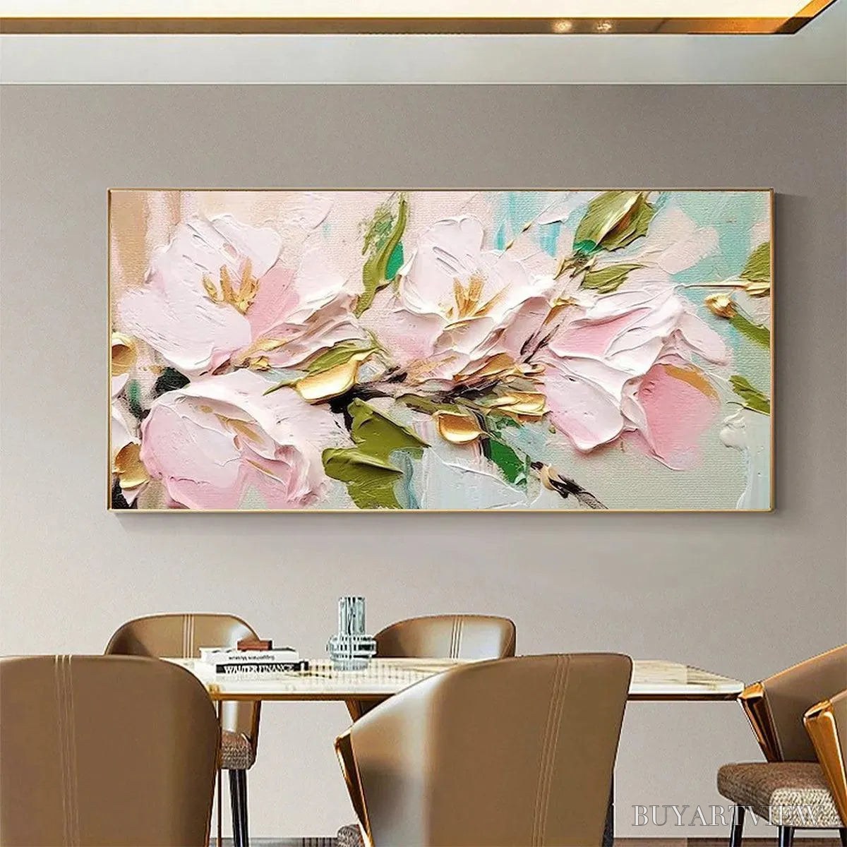 ARTOVITAS Golden Blush – Textured Pink and Gold Floral Impasto Painting - image 4
