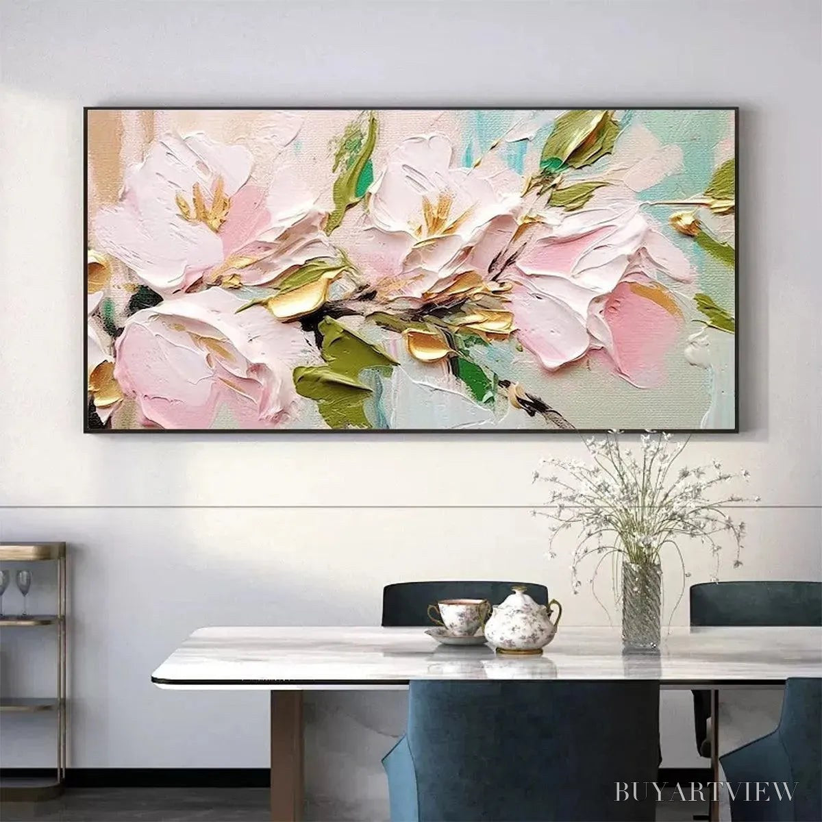 ARTOVITAS Golden Blush – Textured Pink and Gold Floral Impasto Painting - image 6