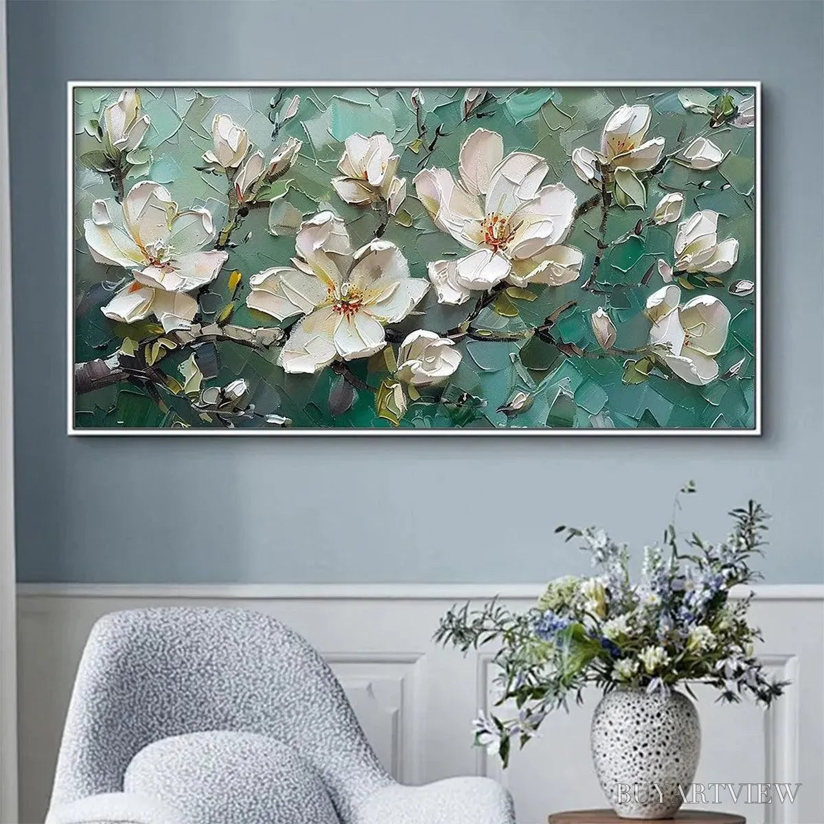 ARTOVITAS Jade Magnolias – White Magnolia Impasto Painting - image 2