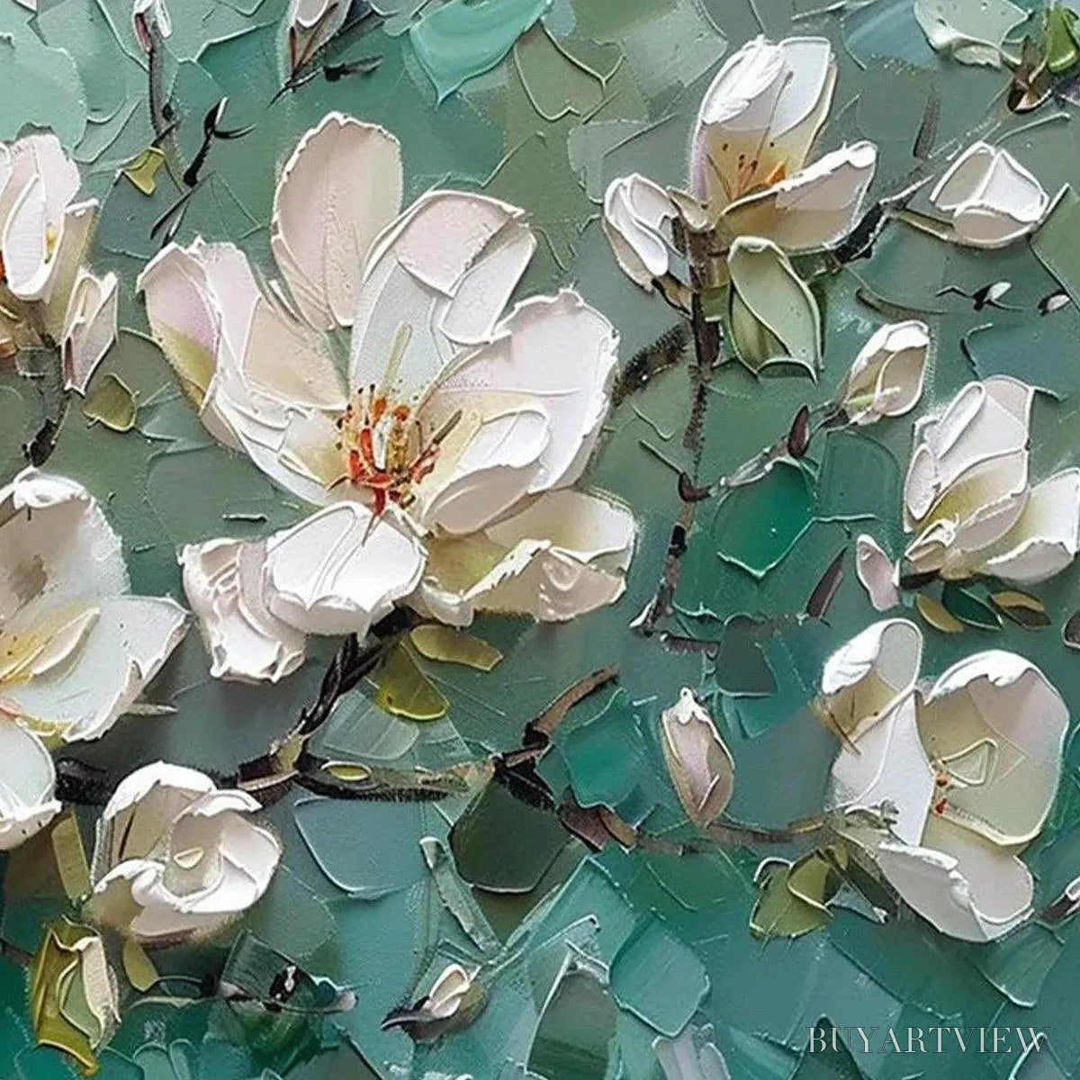 ARTOVITAS Jade Magnolias – White Magnolia Impasto Painting - image 4