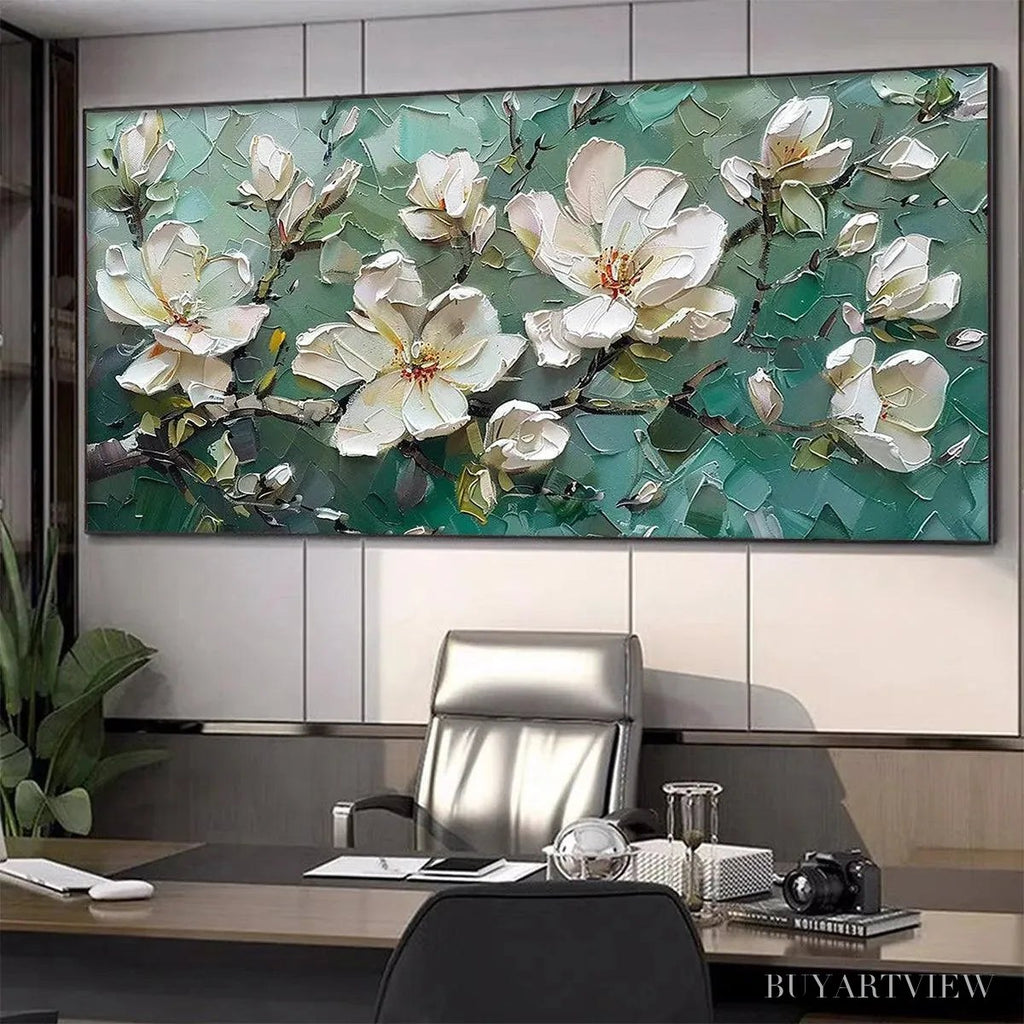 ARTOVITAS Jade Magnolias – White Magnolia Impasto Painting - image 5