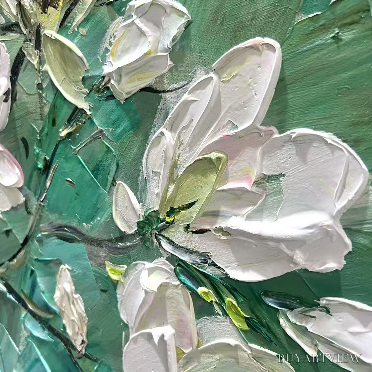 ARTOVITAS Jade Magnolias – White Magnolia Impasto Painting - image 6